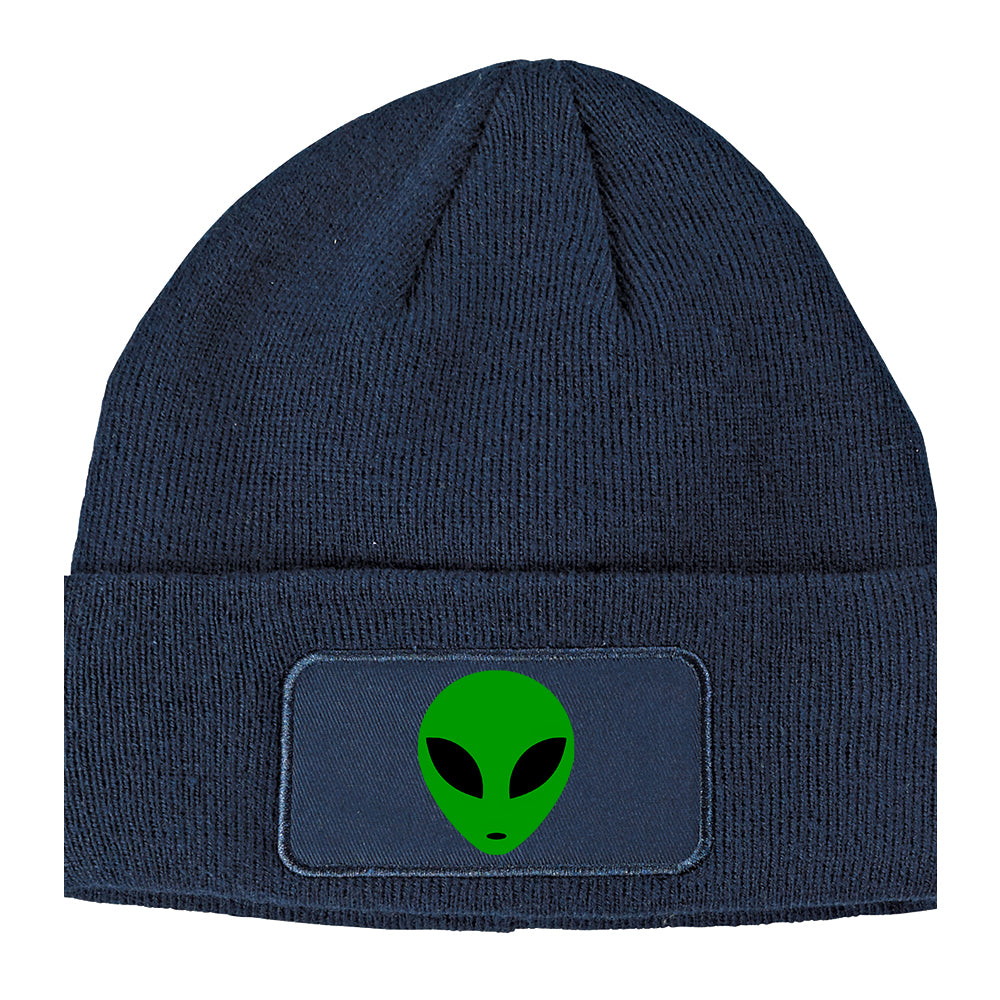 Alien Head Green Winter Knit Adult Beanie Hat Navy Blue