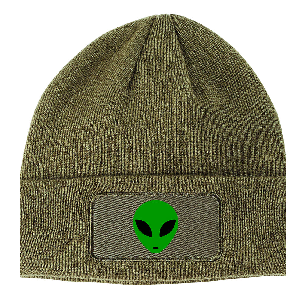 Alien Head Green Winter Knit Adult Beanie Hat Olive Green