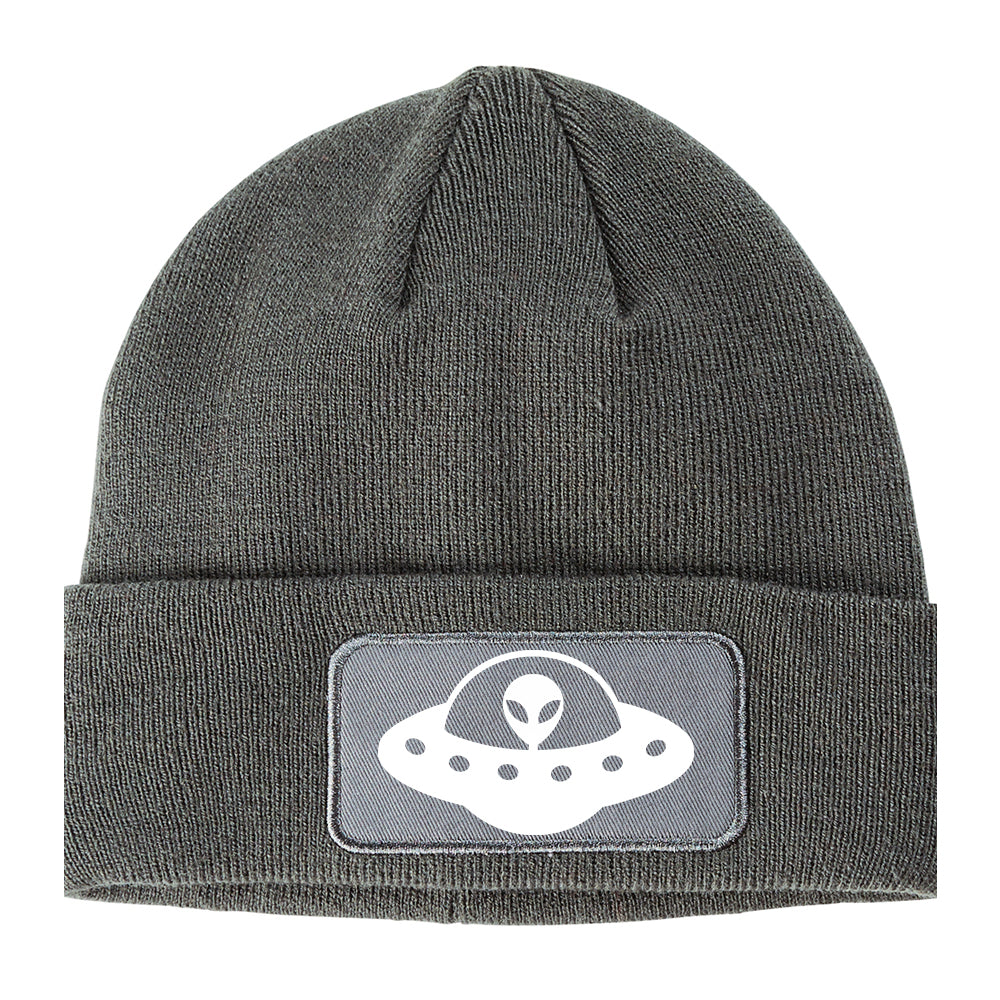 Alien Spaceship Winter Knit Adult Beanie Hat Grey