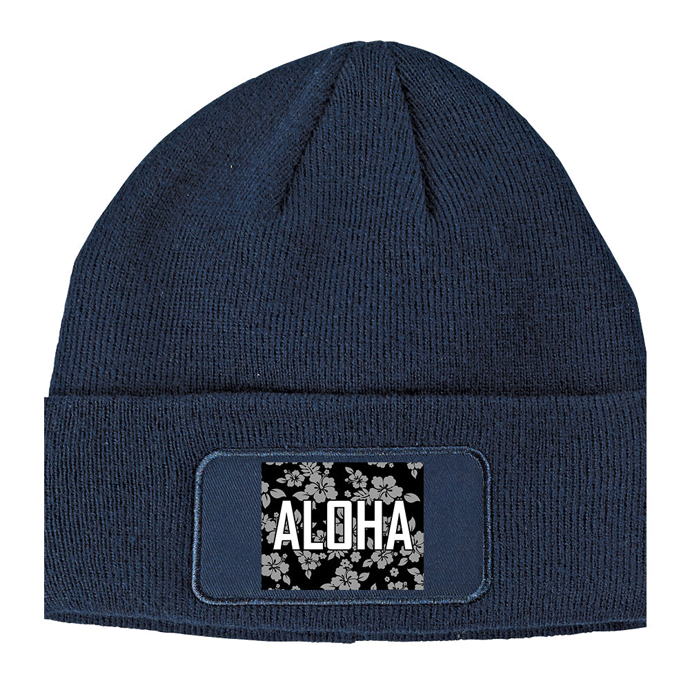 Aloha Hawaiian Pattern Winter Knit Adult Beanie Hat Navy Blue