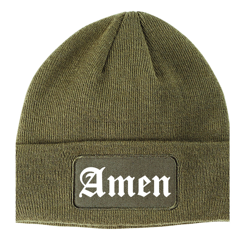 Amen Old English Prayer Winter Knit Adult Beanie Hat Olive Green