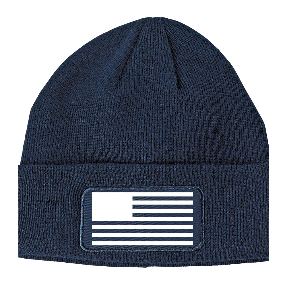 American Flag Black And White USA Winter Knit Adult Beanie Hat Navy Blue