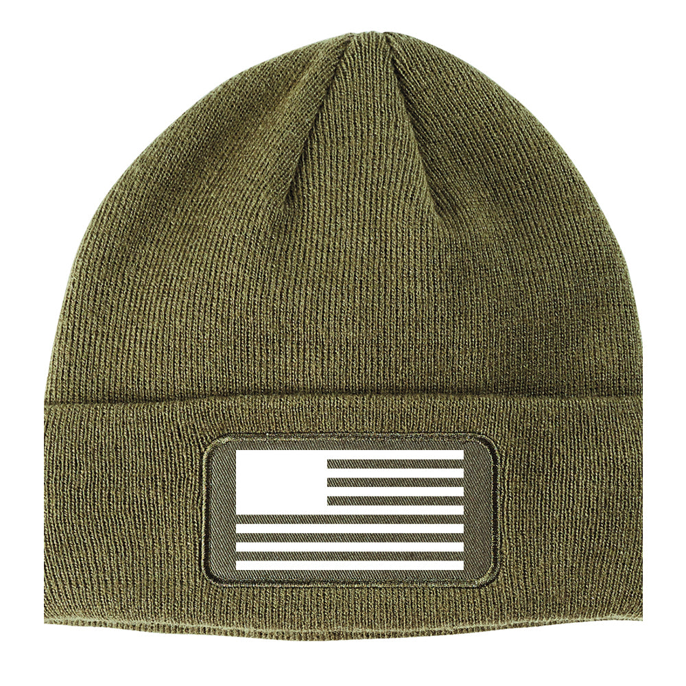 American Flag Black And White USA Winter Knit Adult Beanie Hat Olive Green