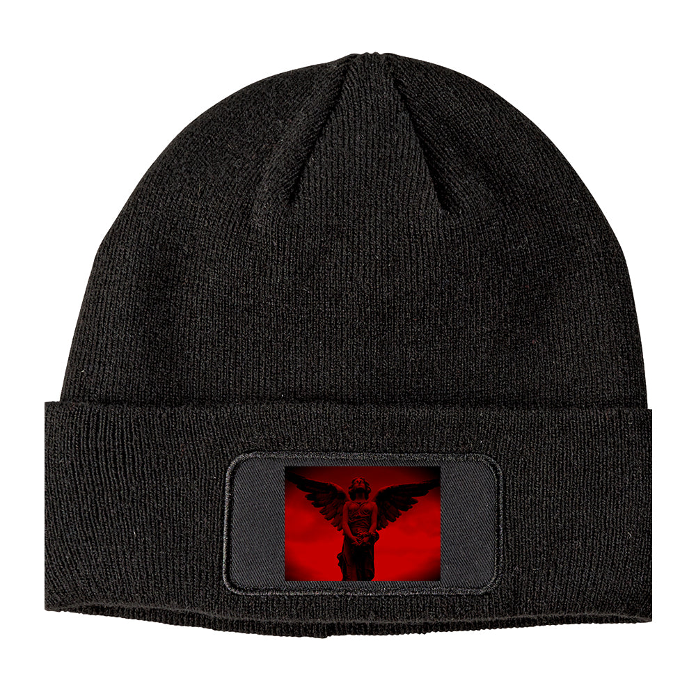 Angel Statue Wings Red Winter Knit Adult Beanie Hat Black