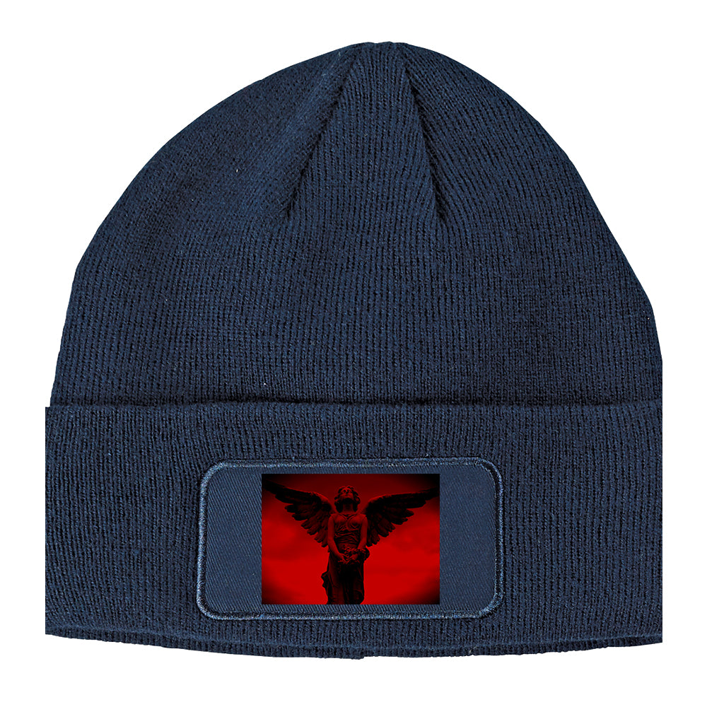 Angel Statue Wings Red Winter Knit Adult Beanie Hat Navy Blue