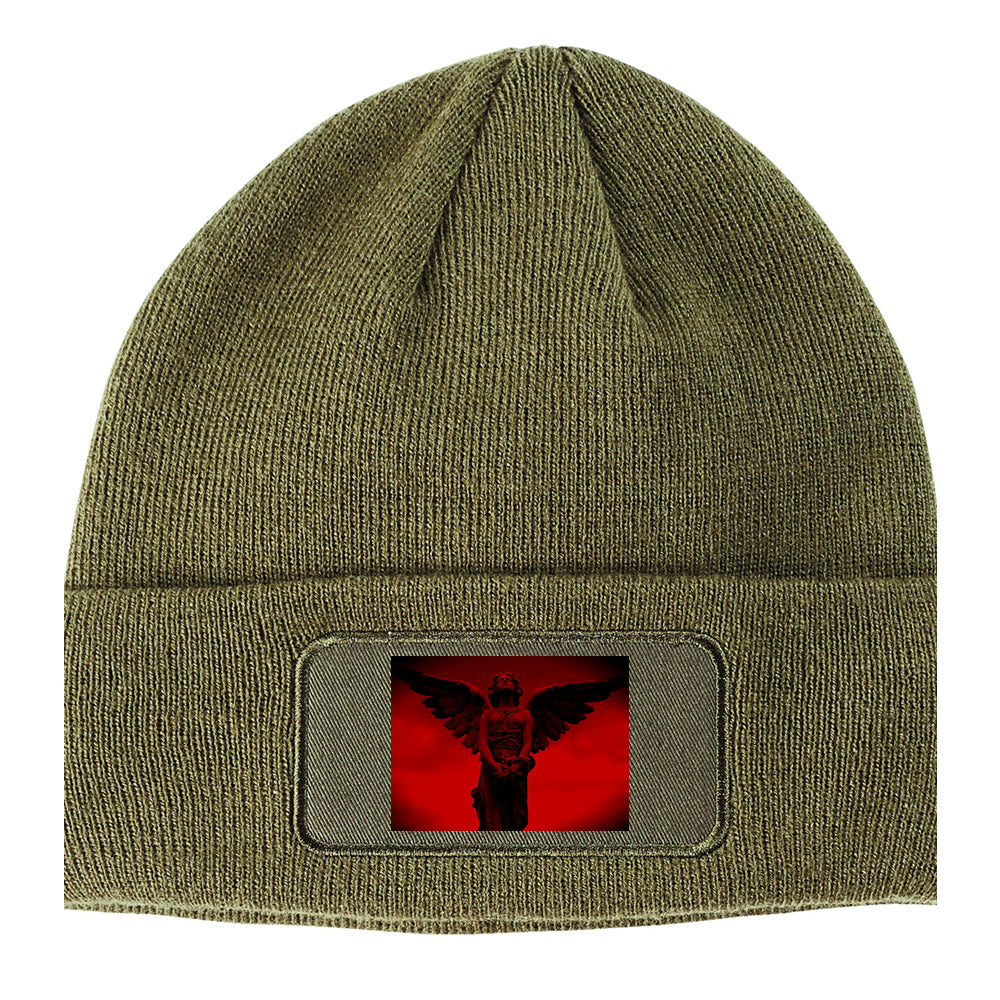Angel Statue Wings Red Winter Knit Adult Beanie Hat Olive Green
