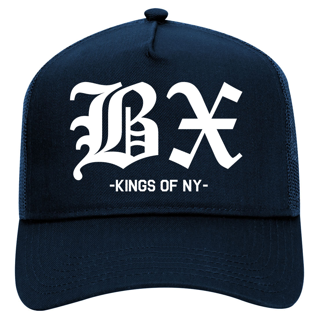 BX Old English Bronx New York Mens Mesh Trucker Hat Navy Blue