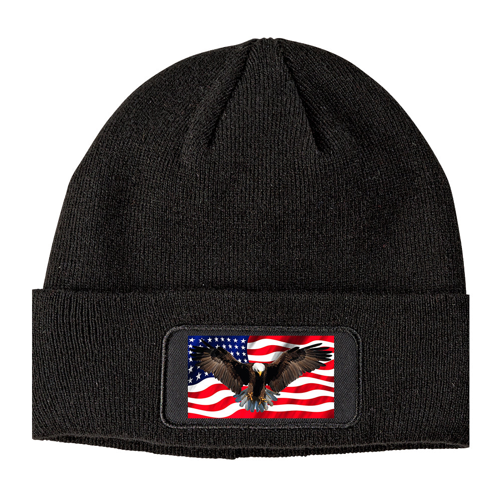 Bald Eagle American Flag Winter Knit Adult Beanie Hat Black