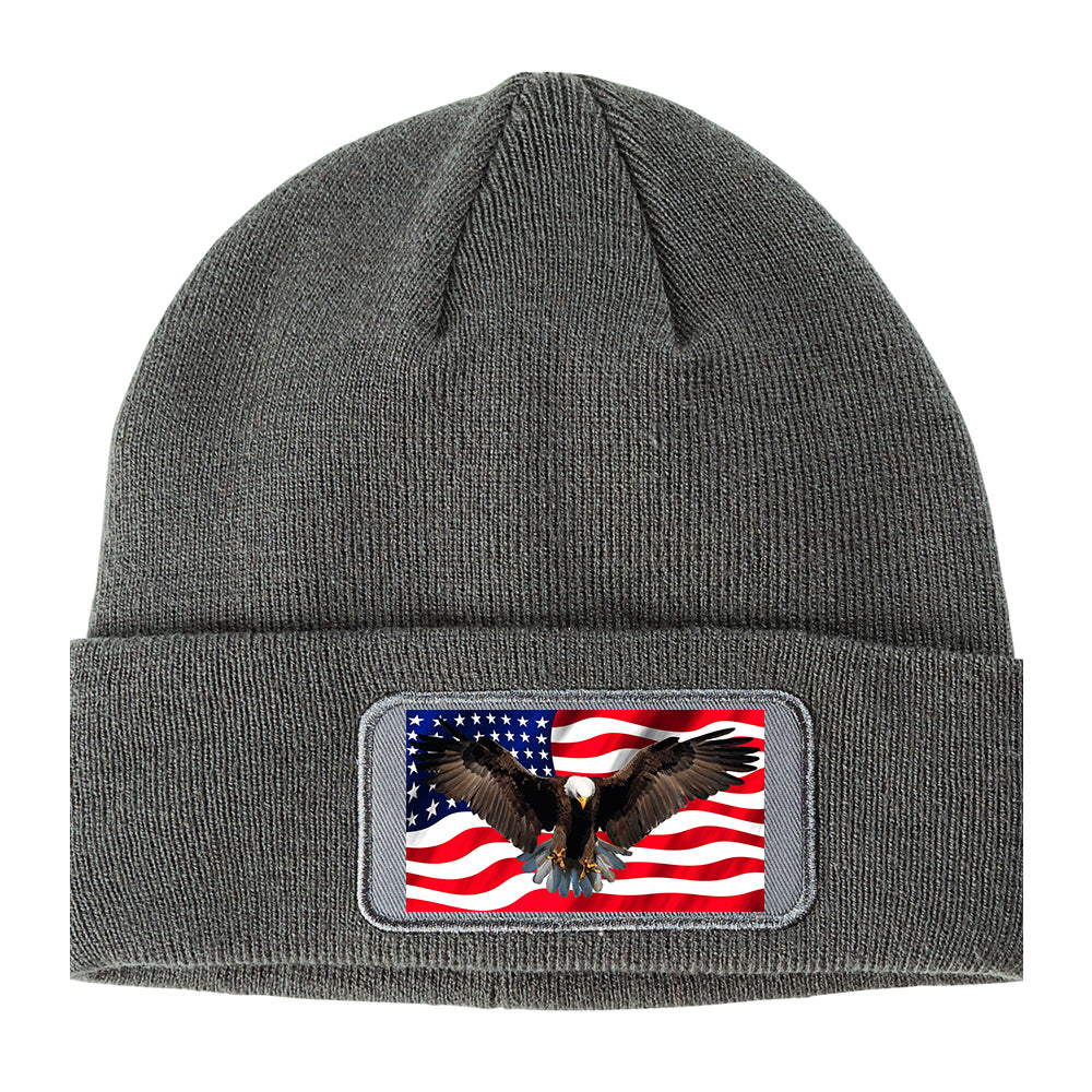 Bald Eagle American Flag Winter Knit Adult Beanie Hat Grey