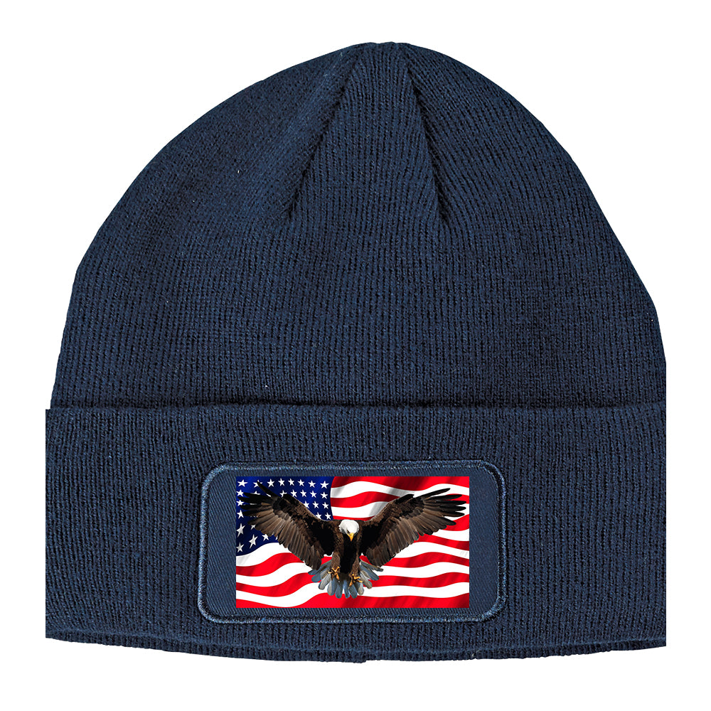 Bald Eagle American Flag Winter Knit Adult Beanie Hat Navy Blue