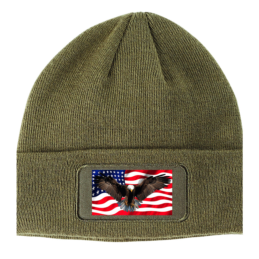 Bald Eagle American Flag Winter Knit Adult Beanie Hat Olive Green