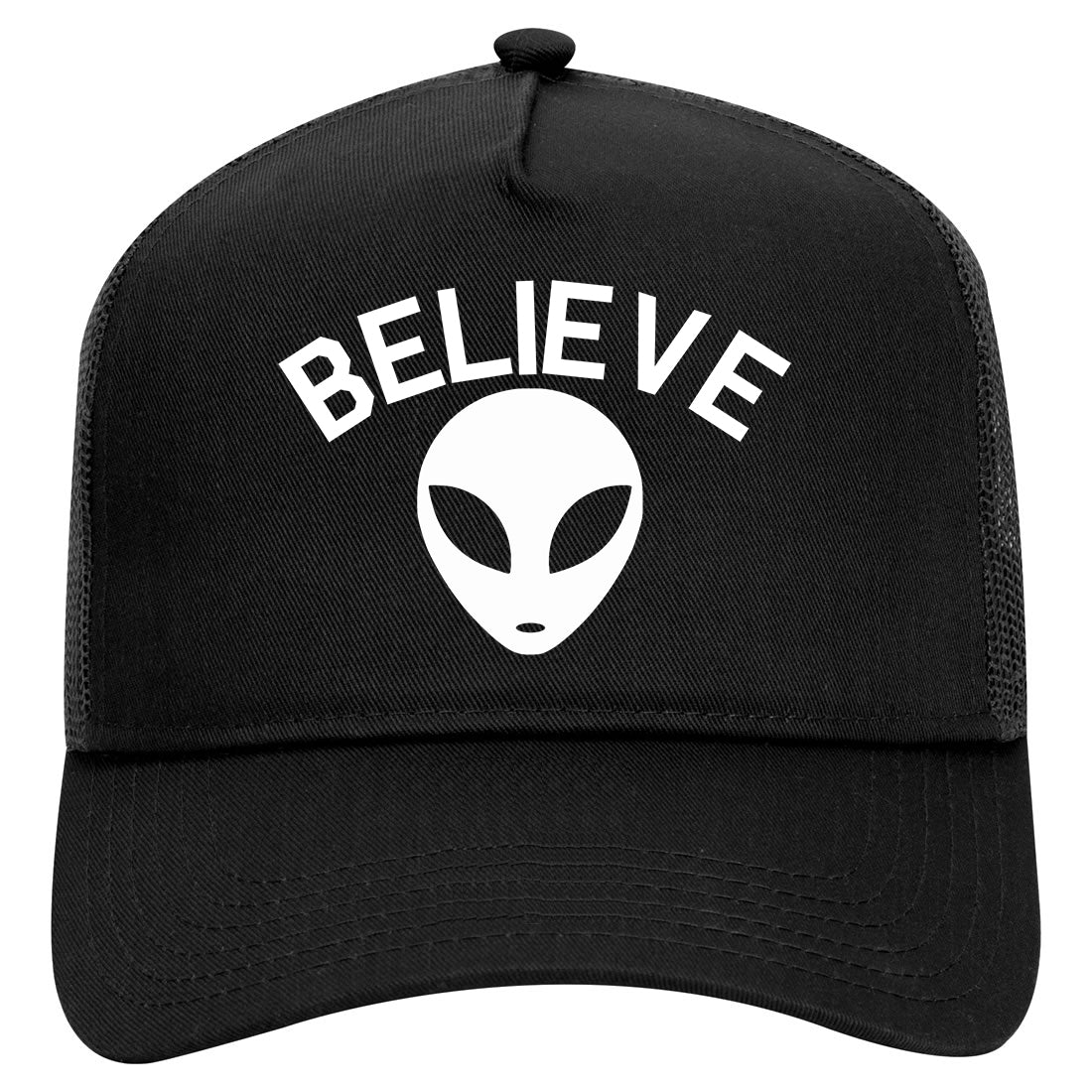 Believe Alien Funny Mens Mesh Trucker Hat Black