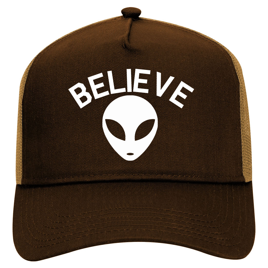 Believe Alien Funny Mens Mesh Trucker Hat Brown