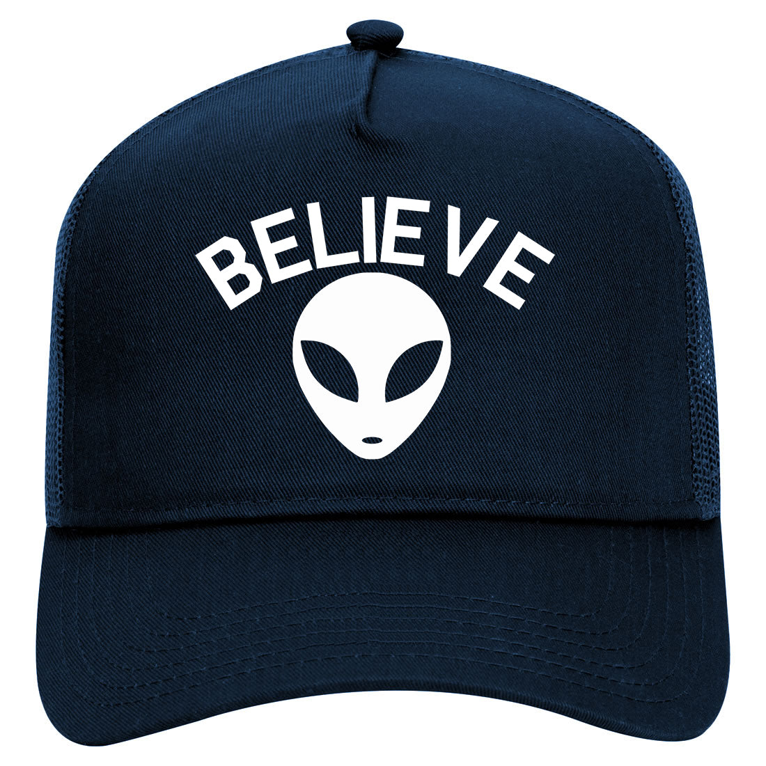 Believe Alien Funny Mens Mesh Trucker Hat Navy Blue