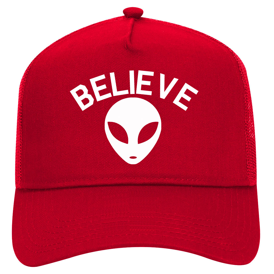 Believe Alien Funny Mens Mesh Trucker Hat Red