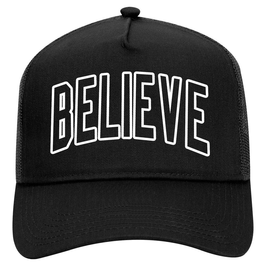 Believe Outline Mens Mesh Trucker Hat Black