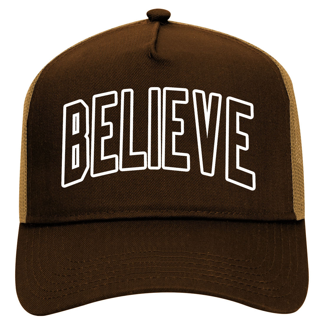 Believe Outline Mens Mesh Trucker Hat Brown
