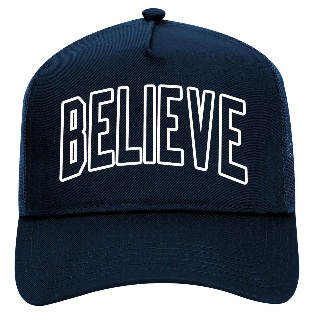 Believe Outline Mens Mesh Trucker Hat Navy Blue