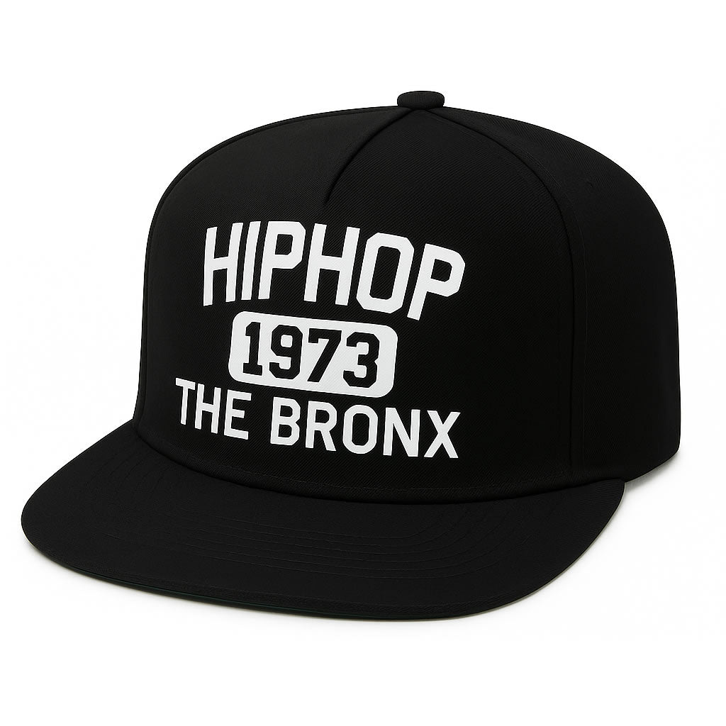 Black cap with 'Hiphop 1973 The Bronx' text on a white background