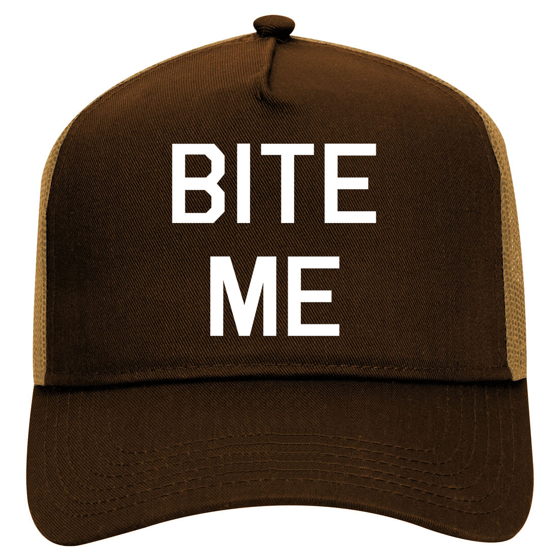 Bite Me Mens Mesh Trucker Hat Brown