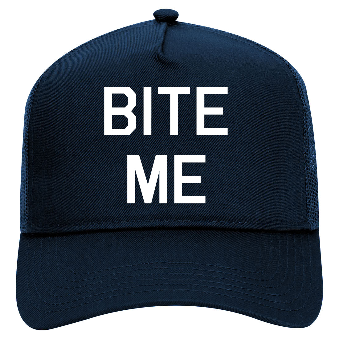 Bite Me Mens Mesh Trucker Hat Navy Blue