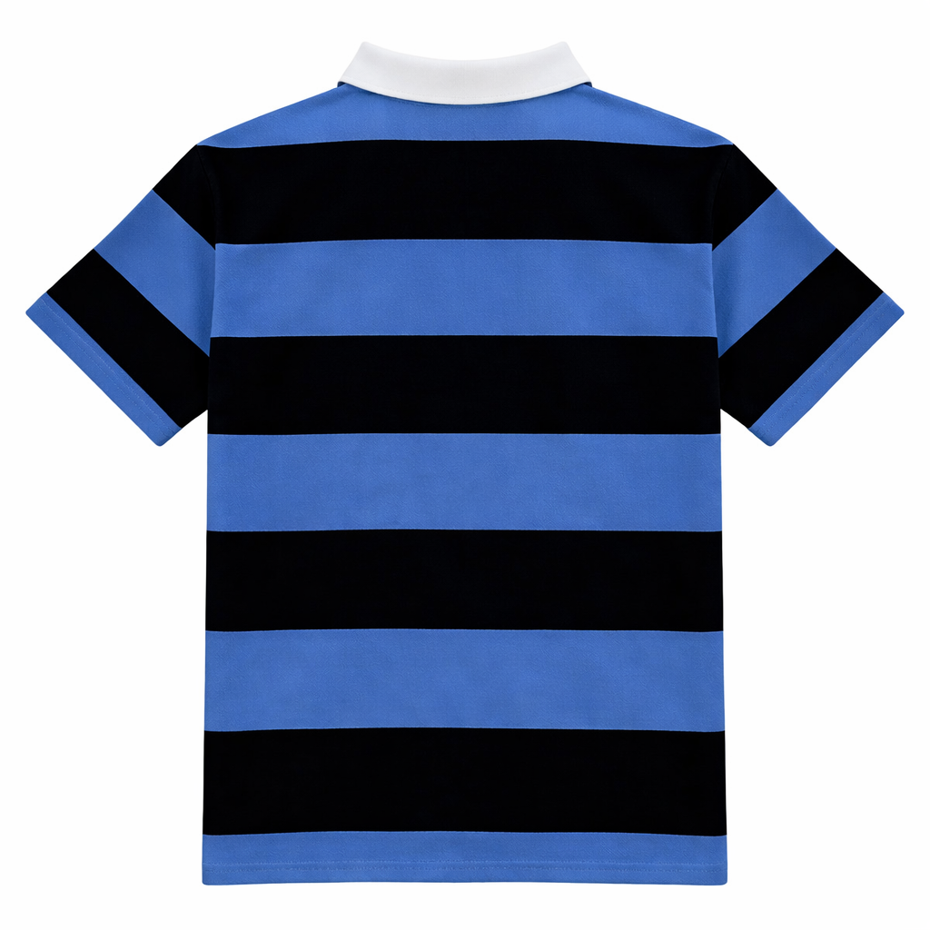 Back view of Black and Light Blue Short Sleeve Striped Men's Rugby Shirt