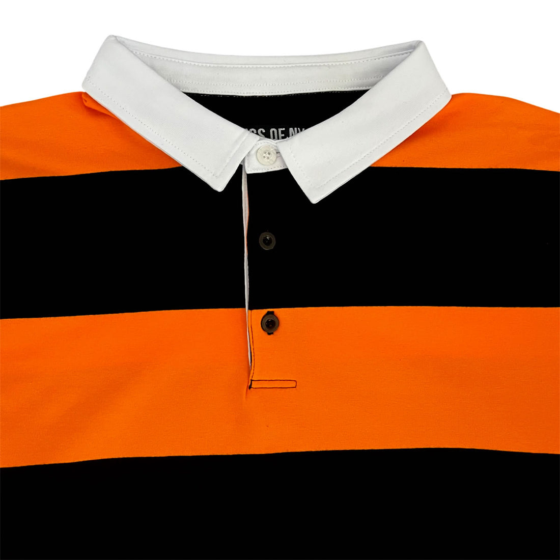 Black and Orange Comfortable Stretch Striped Men's Rugby Shirt Brand Label