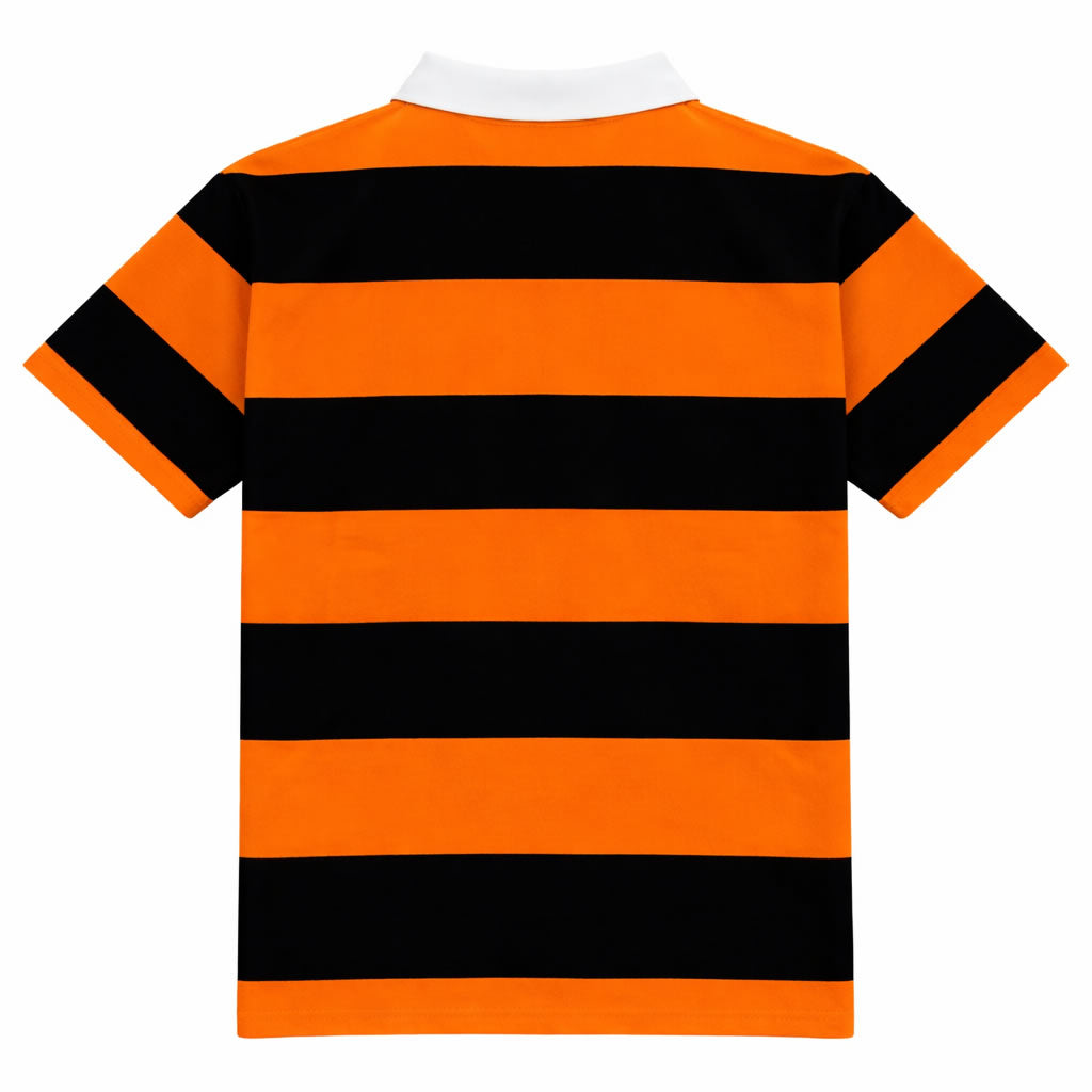 Back view of black and orange striped polo shirt on a white background