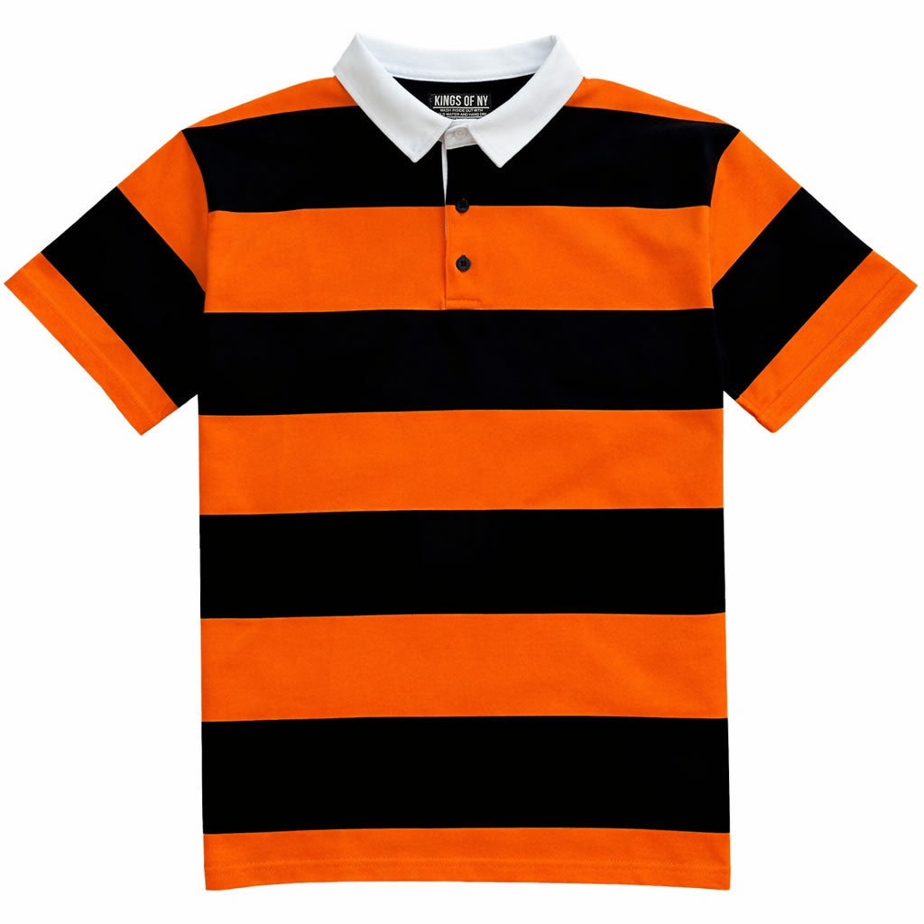 Black And Orange Short Sleeve Striped Men's Rugby Shirt
