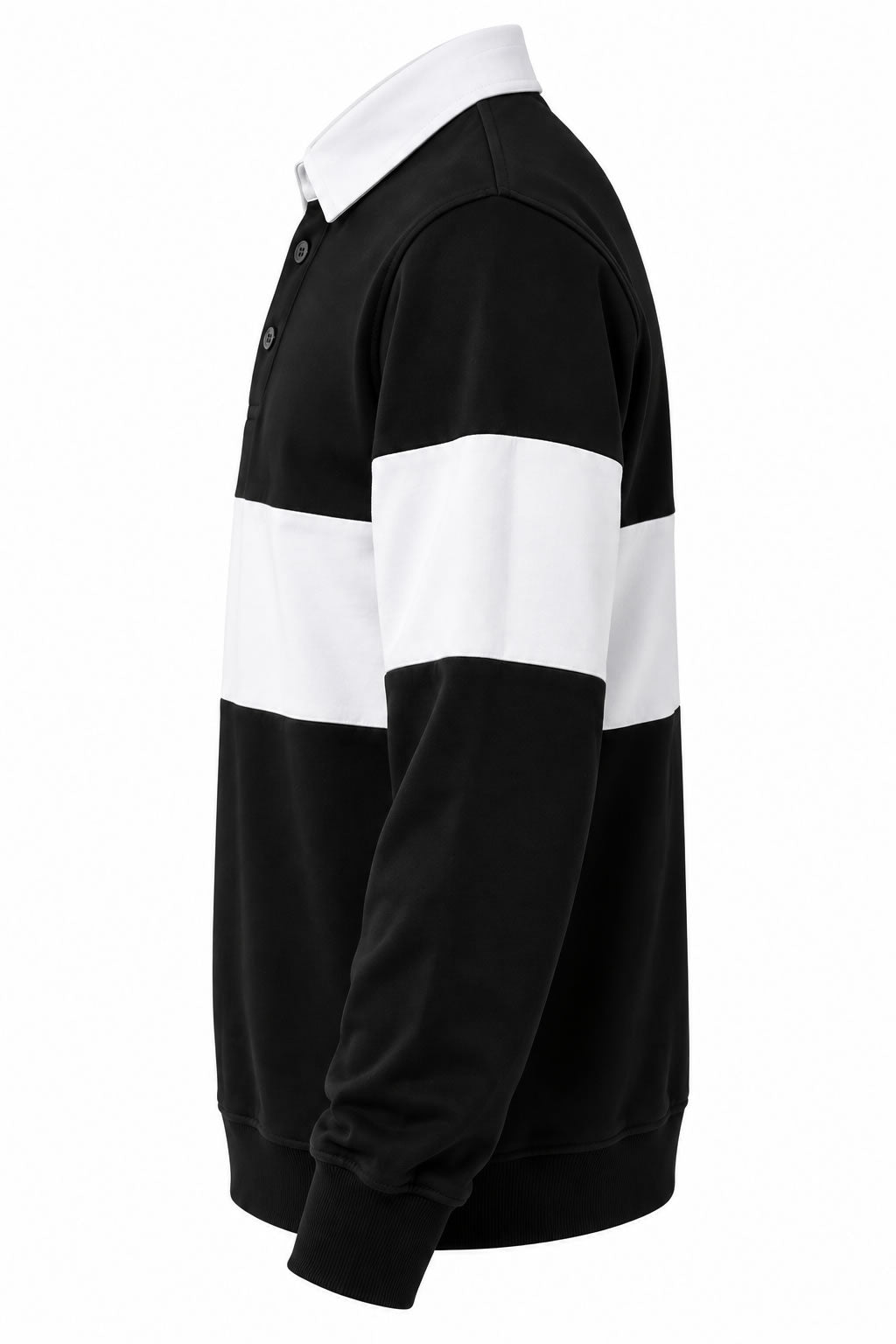 A black and white color-blocked rugby pullover with a white collar, shown from a side profile view against a plain white background.