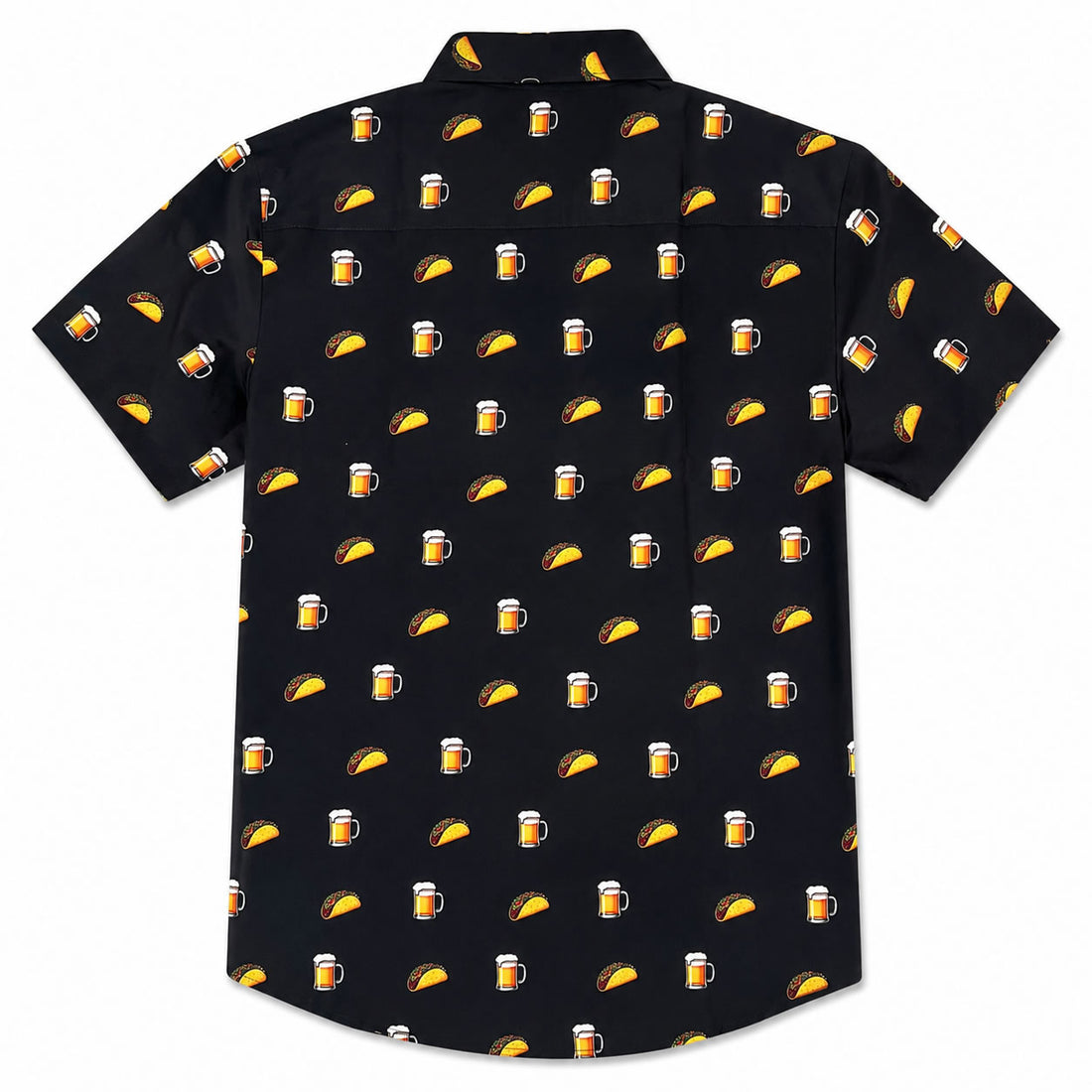 Back of Men's black beer and tacos button down shirt with all-over taco and beer mug print