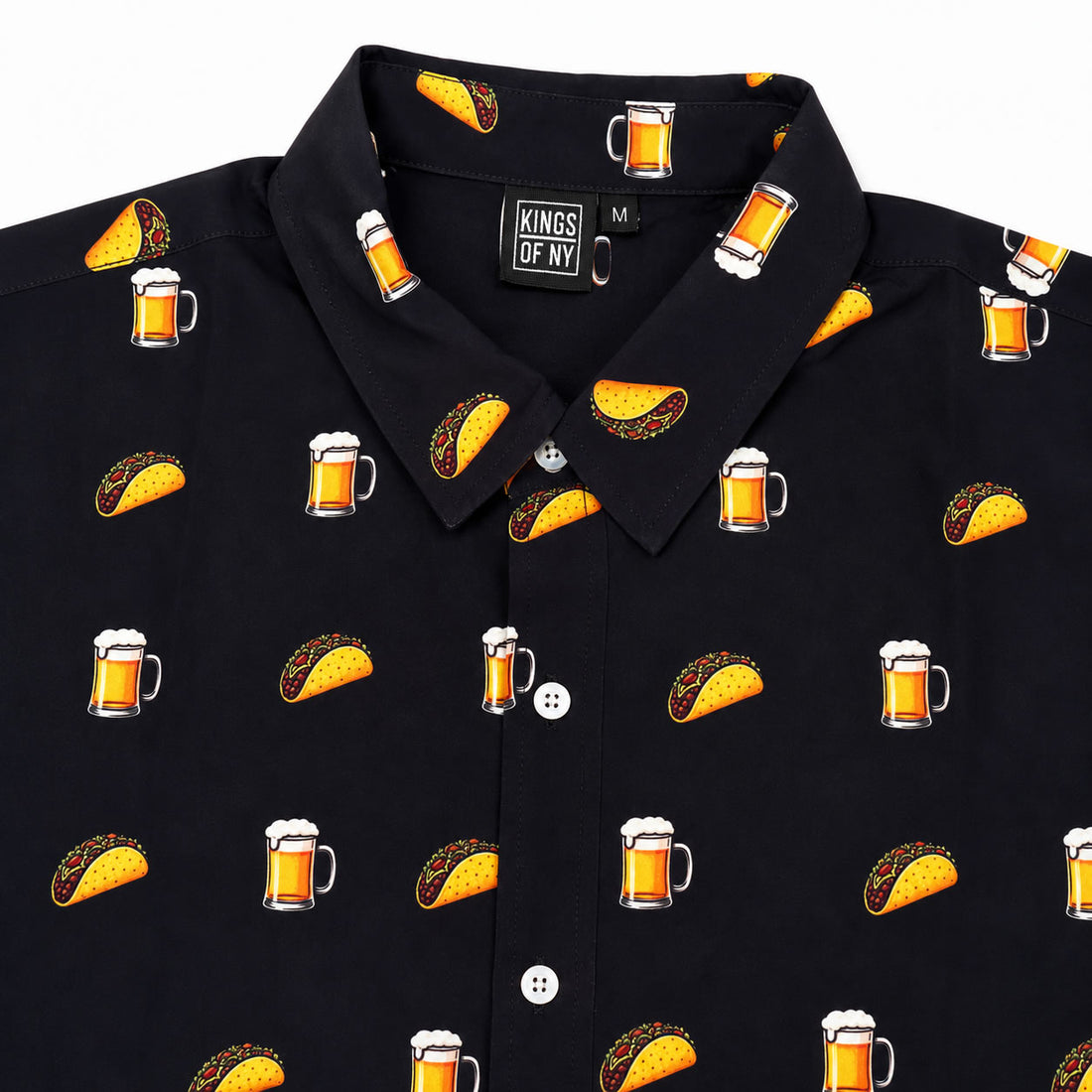 Black button down shirt with taco and beer mug pattern, Kings of NY brand label
