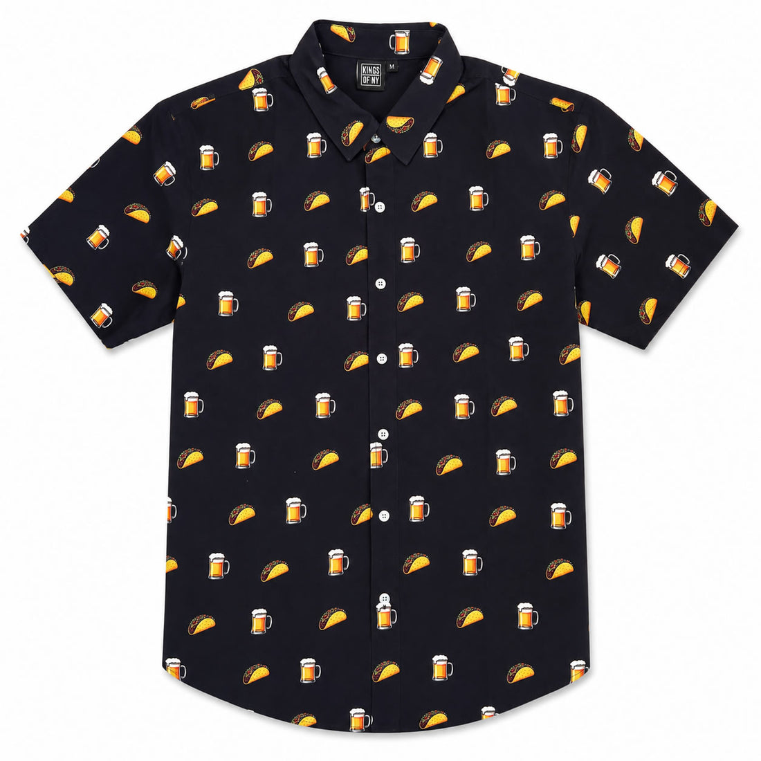 Men's black beer and tacos button down shirt with all-over taco and beer mug print