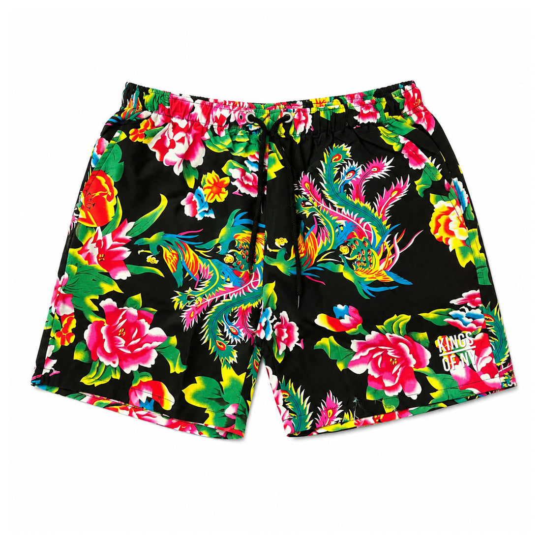 Black Floral Print Logo Men's Casual Drawstring Shorts