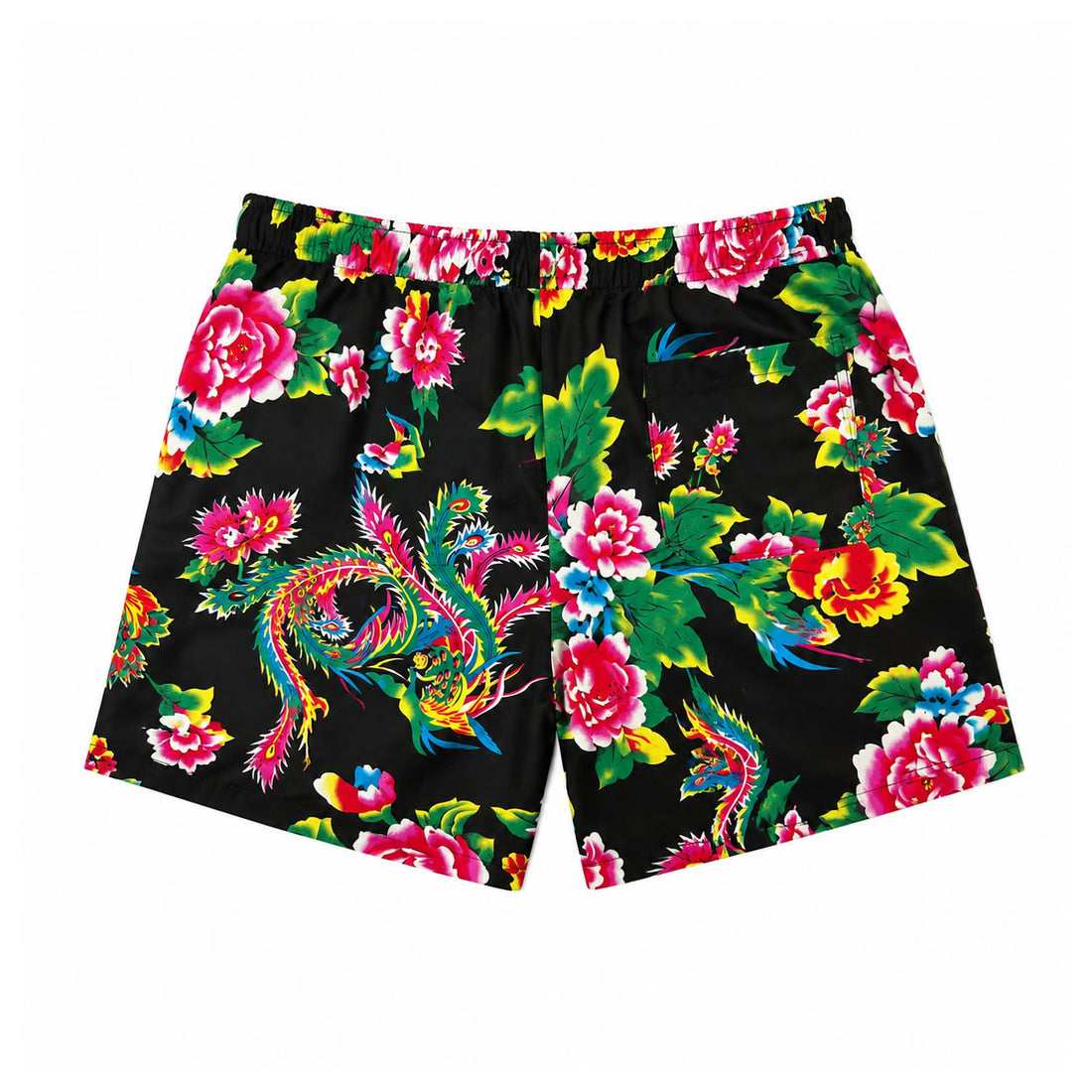 Black Floral Print Logo Men's Casual Drawstring Shorts Back