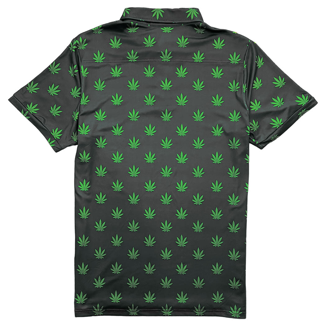 Black Green Weed Leaf Men's Polo Golf Shirt Back