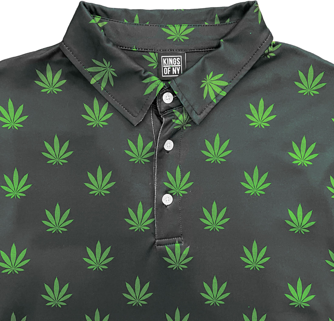 Black Green Weed Leaf Men's Polo Golf Shirt Brand Label