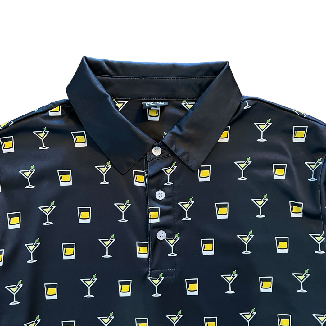 Black Martini And Whiskey Print Mens Golf Polo Shirt Designer Brand