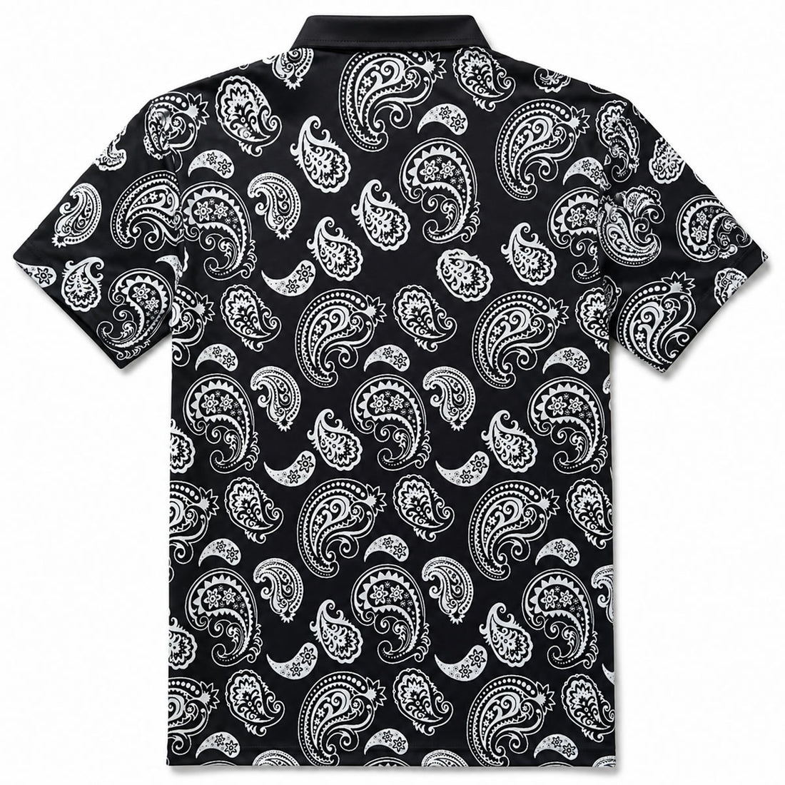 A short-sleeve golf polo shirt with a black base and an all-over white paisley pattern, shown flat against a white background.