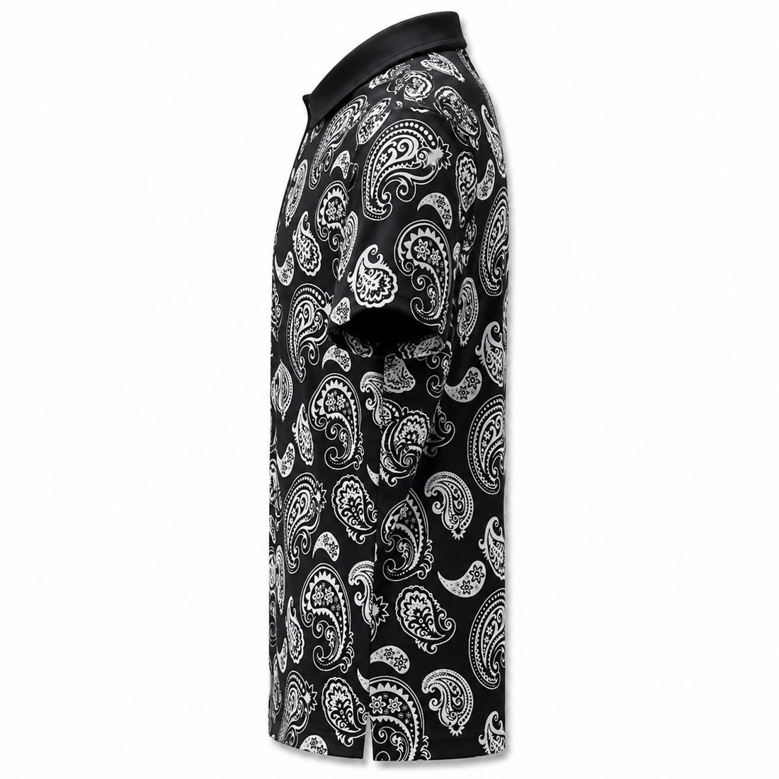 Black Paisley Print Men's Golf Polo Shirt Side View