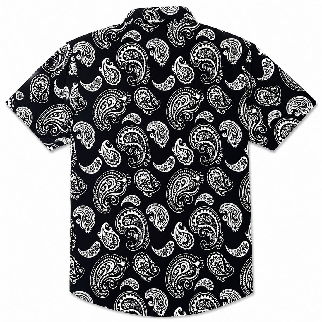 Black Paisley Print Men's Short Sleeve Button Down Shirt Back