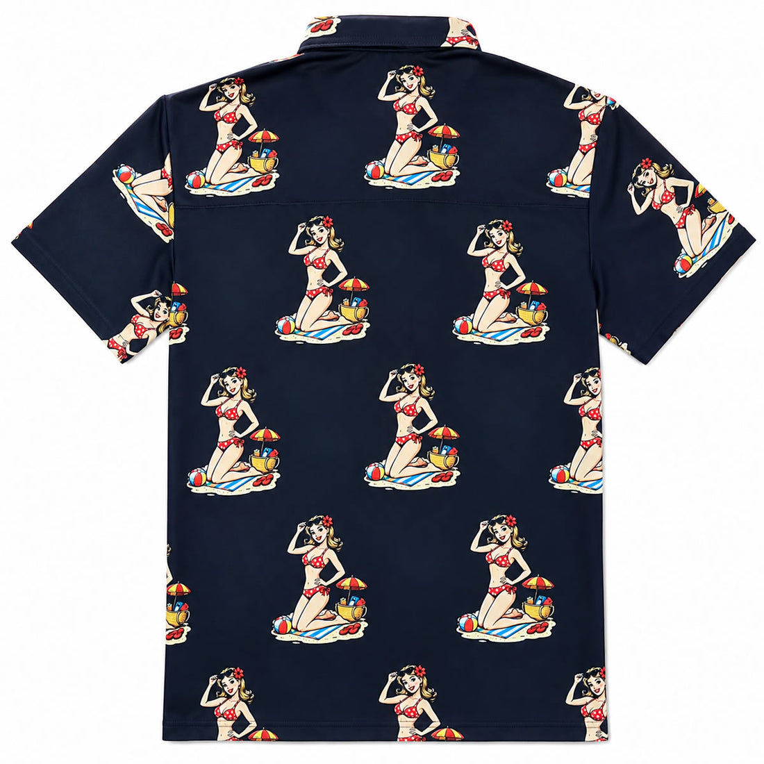 Black Pin Up Girl Beach Men's Golf Polo Shirt Back