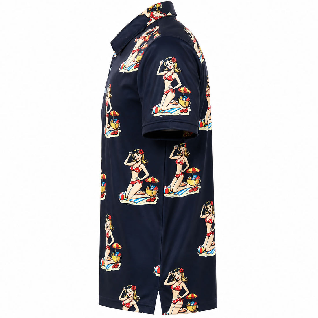 A black short-sleeve golf polo shirt with an all-over print of retro pin-up women in bikinis on a beach with umbrellas, shown from a side profile view against a white background.