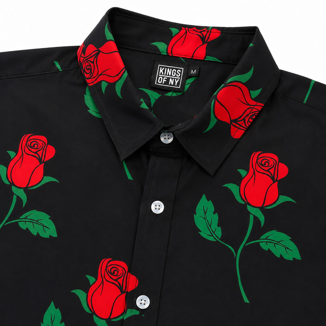 Black Red Rose Print Men's Button Down Shirt with red floral pattern Collar Close up