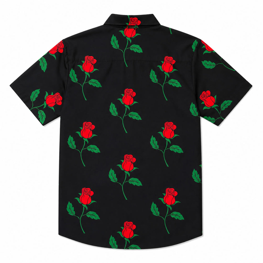 Black Red Rose Print Men's Button Down Shirt with red floral pattern on black background