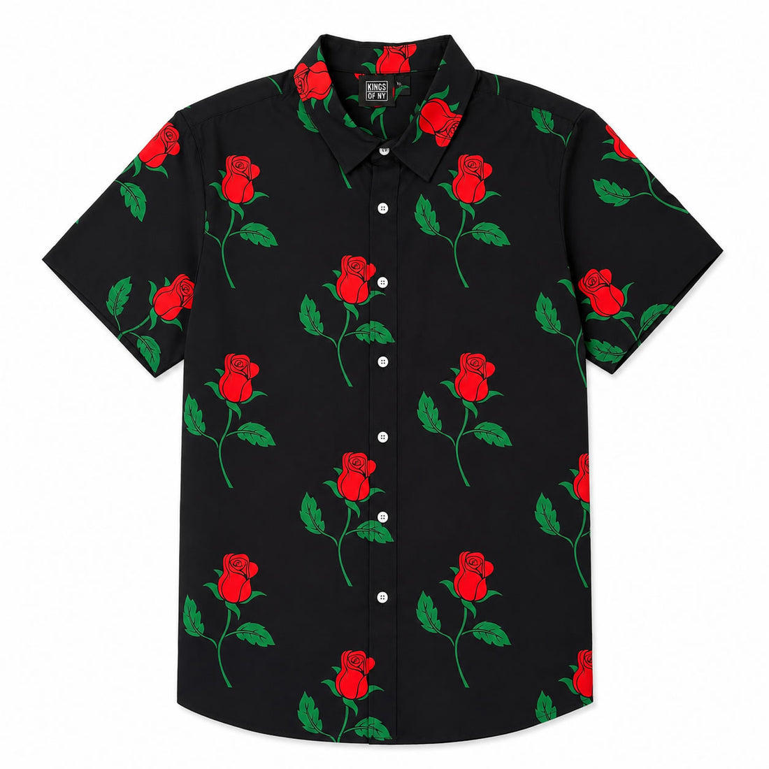 Black Red Rose Print Men's Button Down Shirt with red floral pattern on black background