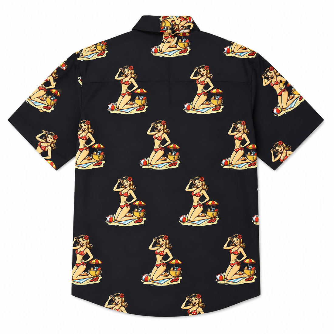Black pin up girl beach men's button down shirt with vintage retro beach print and lightweight polyester fabric back