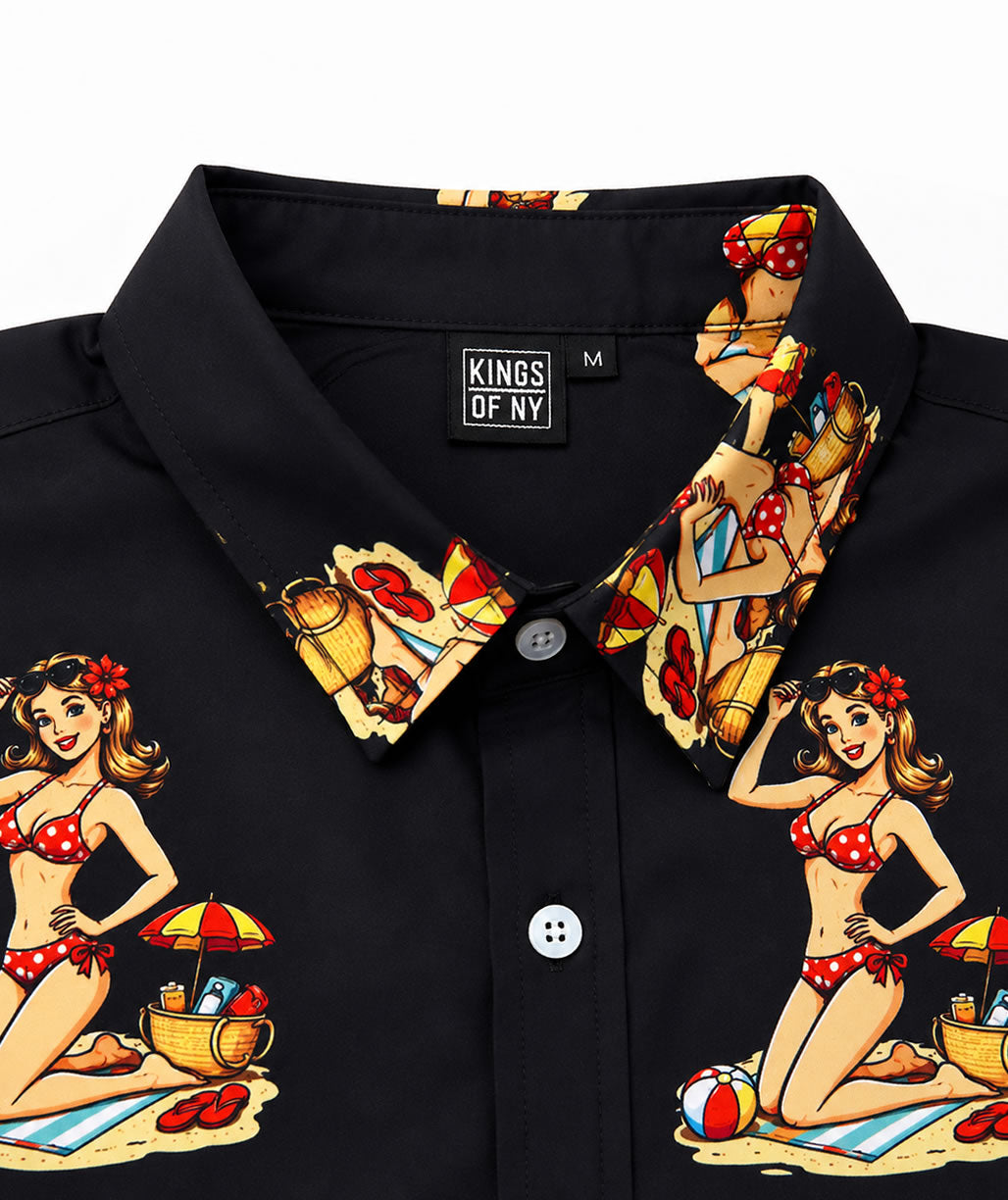 Black pin up girl beach men's button down shirt with vintage retro beach print closeup of collar and kings of ny label