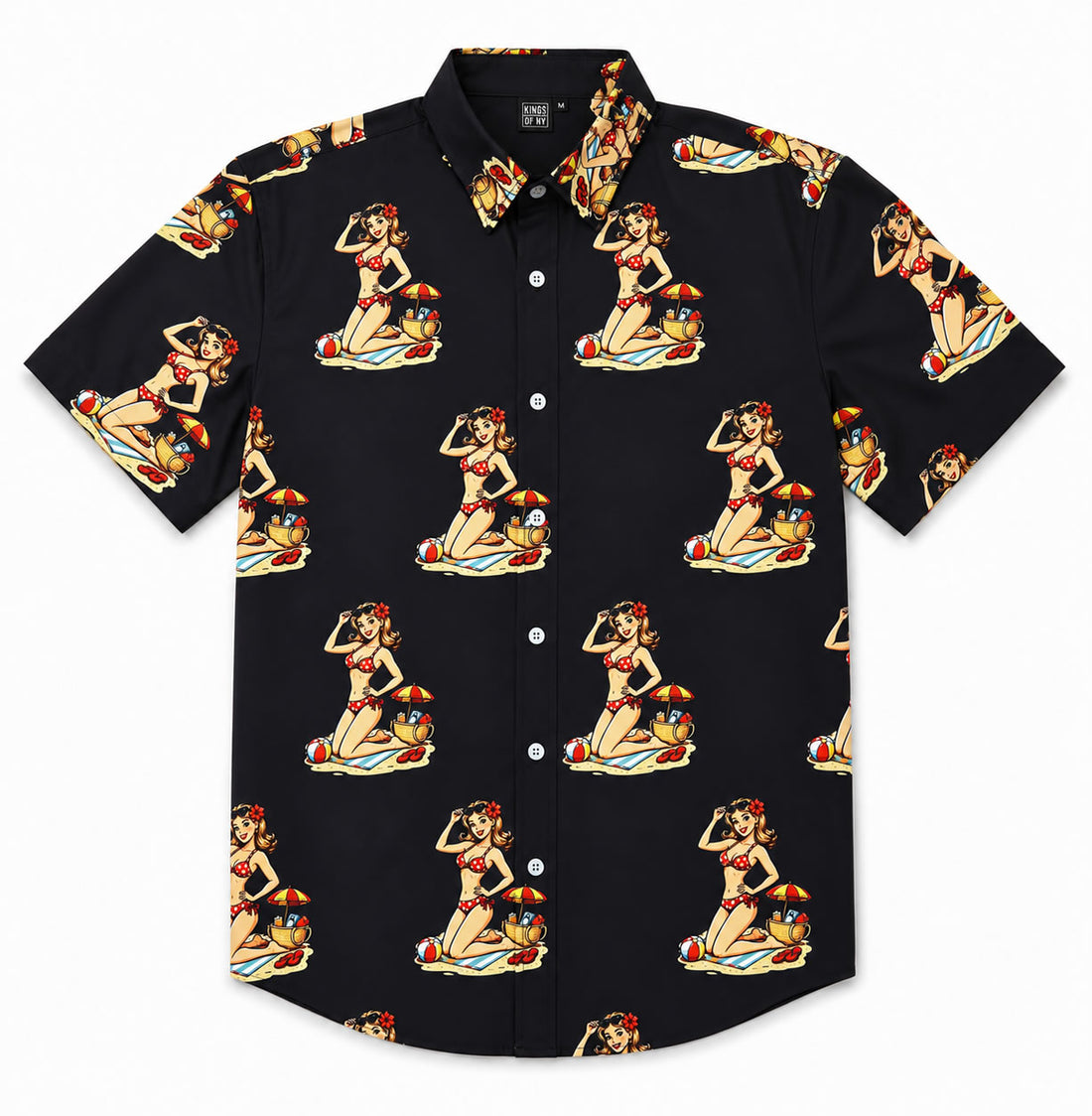 Black pin up girl beach men's button down shirt with vintage retro beach print and lightweight polyester fabric