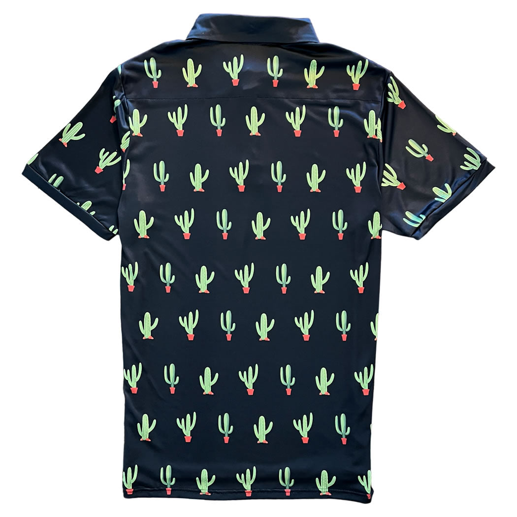 Black Saguaro Cactus Print Mens Golf Polo Shirt Back